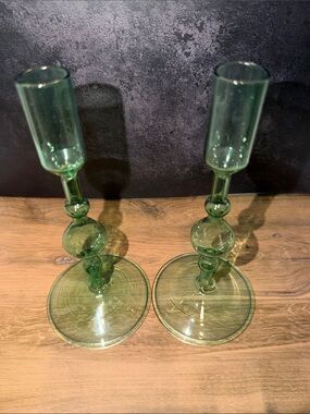 Pair of Green Glass Bubble-Stem Candle Holders